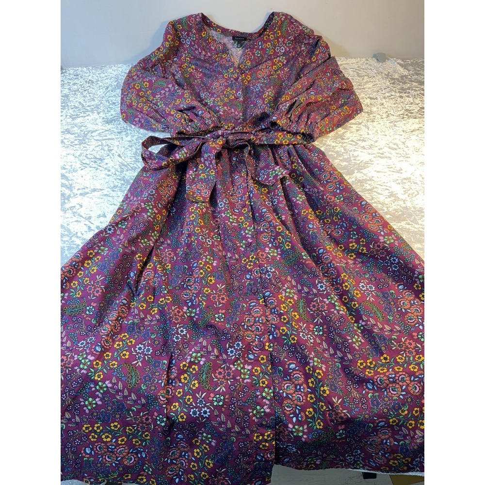 Talbots Womens Dress Size 14 Floral Cotton Maxi Button Front Belted Boho